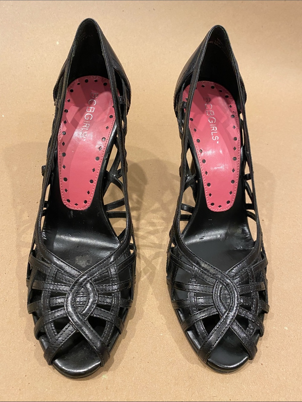 BCBGirls Black Strappy Peep-Toe Heels with Pink Insole